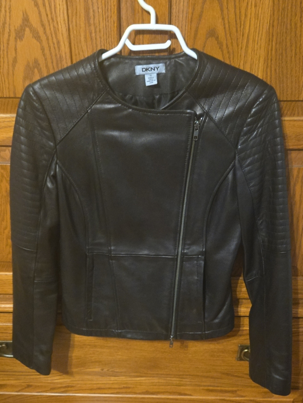 DKNY Black Quilted Shoulder Leather Moto Jacket
